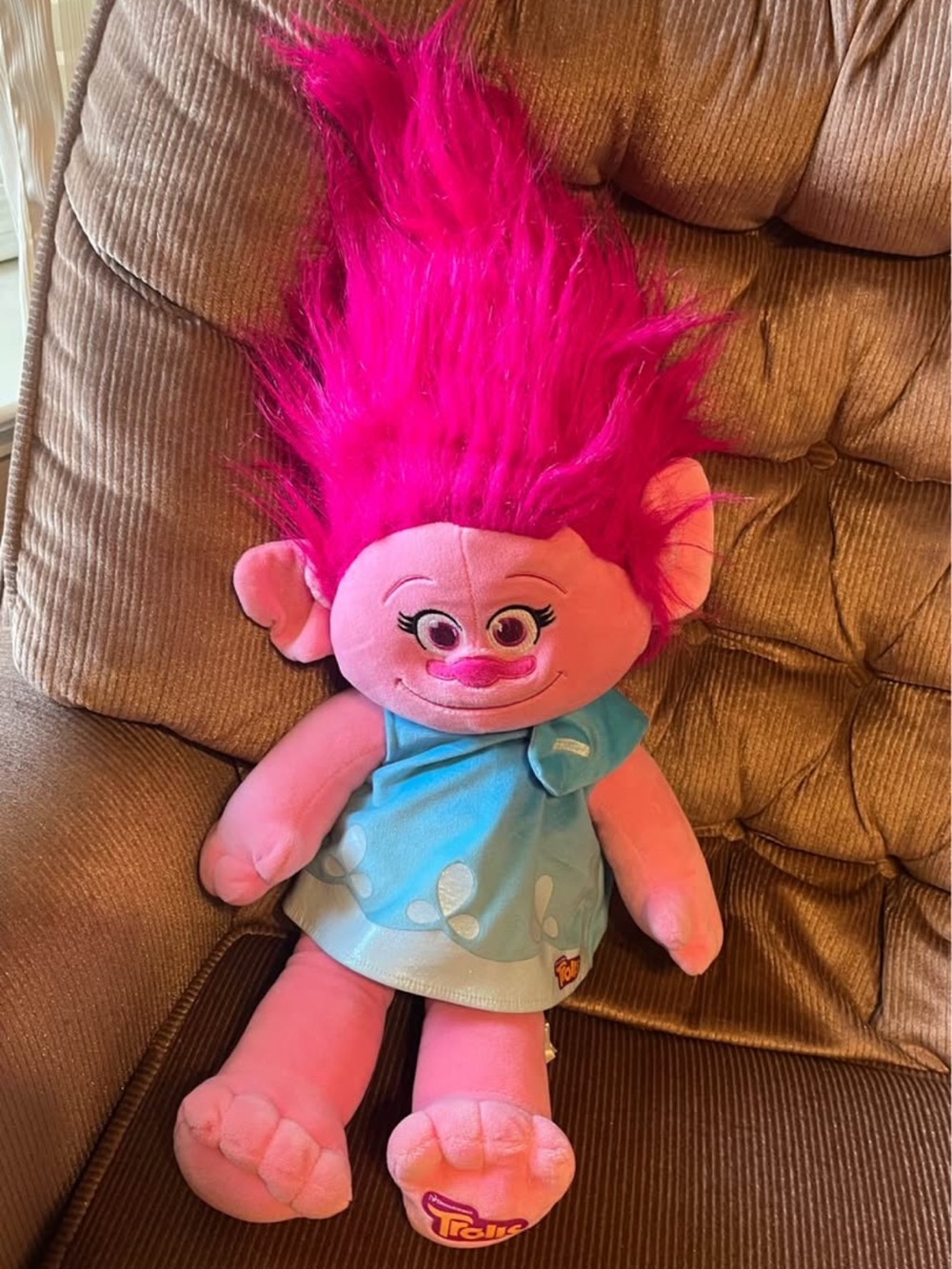 Build-A-Bear Pink Plush Troll with Hot Pink Hair and Blue Dress